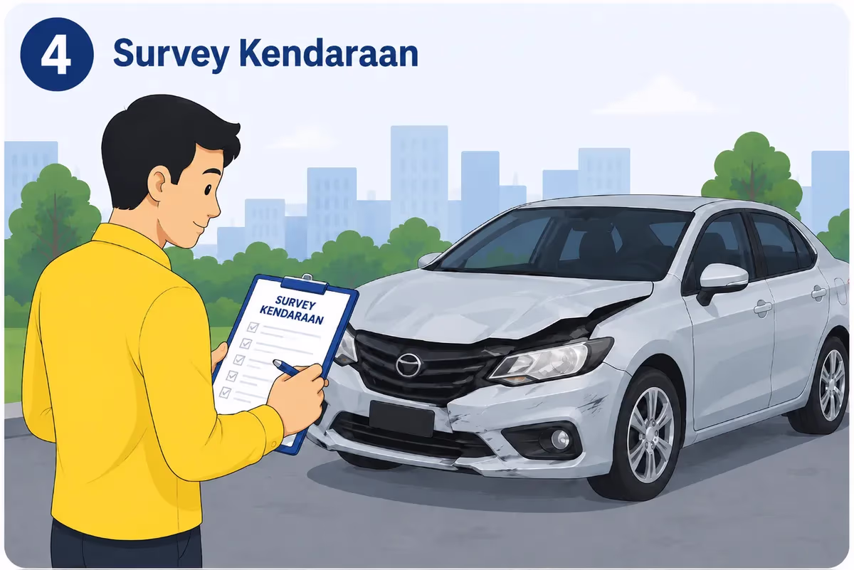 Surveyor asuransi memeriksa kendaraan rusak dengan clipboard