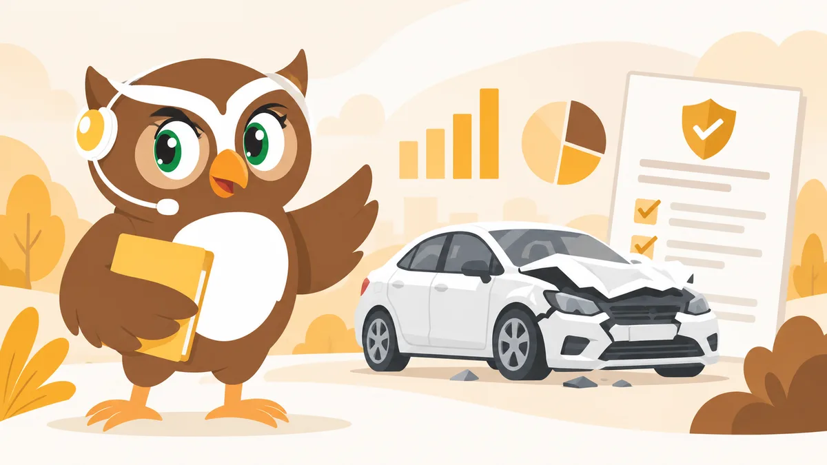 Maskot burung hantu Raksa memegang map di samping mobil putih yang ringsek, dengan grafik dan lembar polis di latar