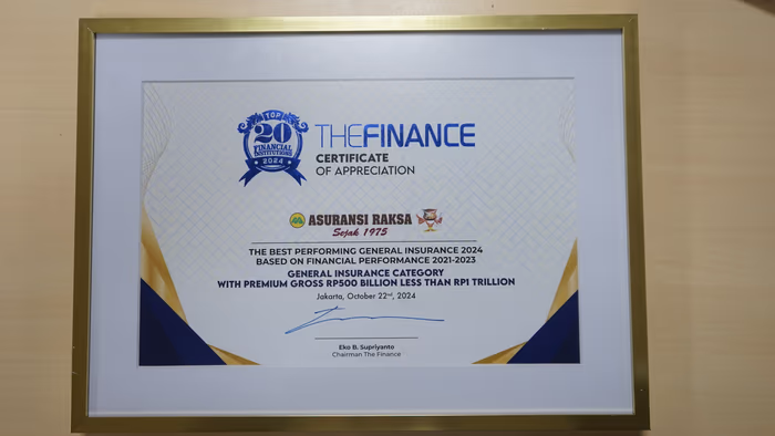 Asuransi Raksa meraih penghargaan Asuransi Umum dengan Kinerja Terbaik Tahun 2024 Kategori Premi Bruto Rp500 Miliar hingga < Rp1 Triliun dari The Finance
